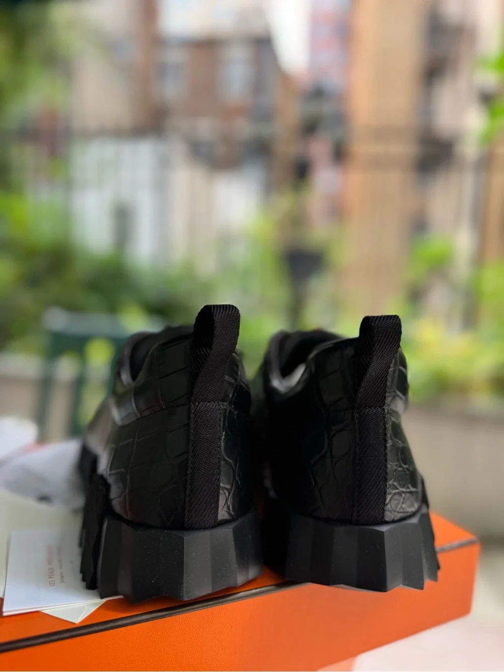 Hermes Black Croc-Embossed Leather Sneakers